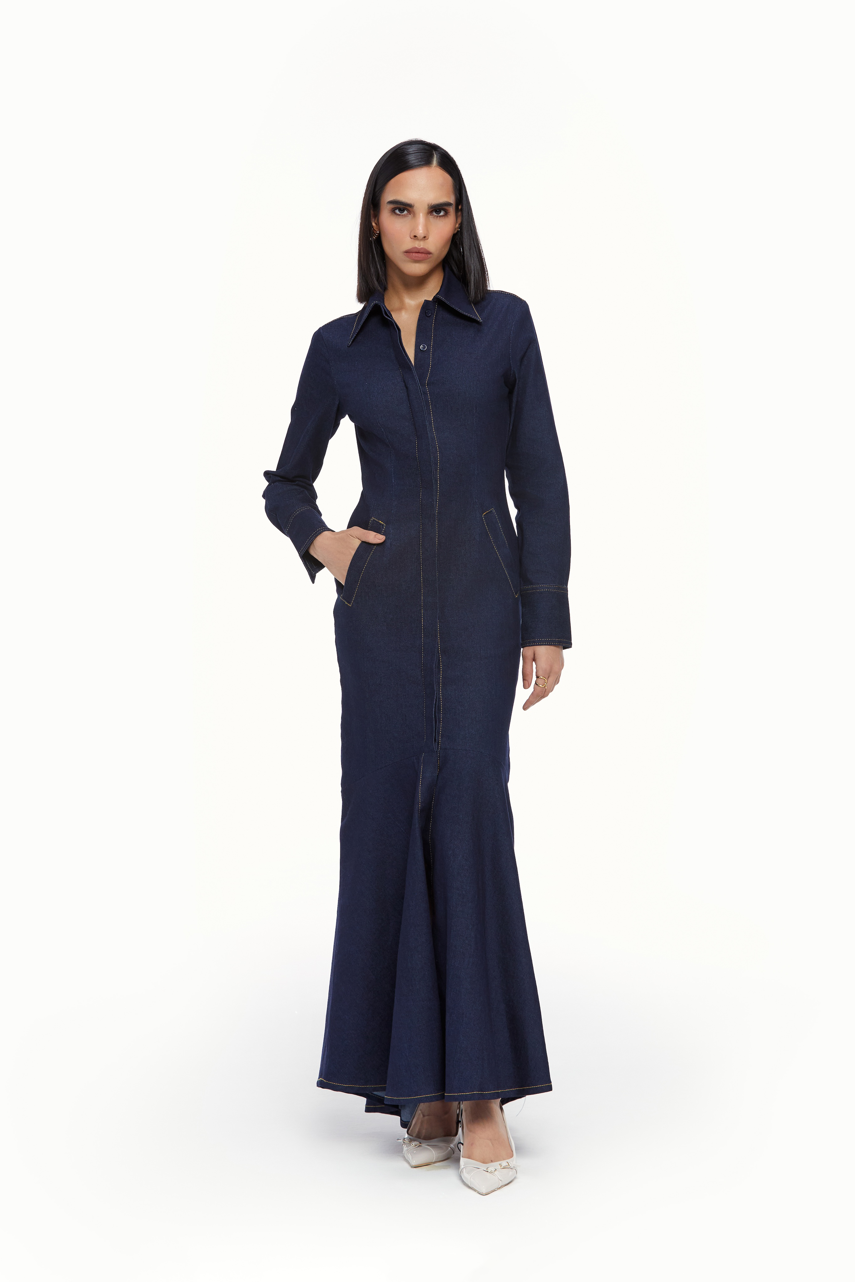 Fluted Denim Dress