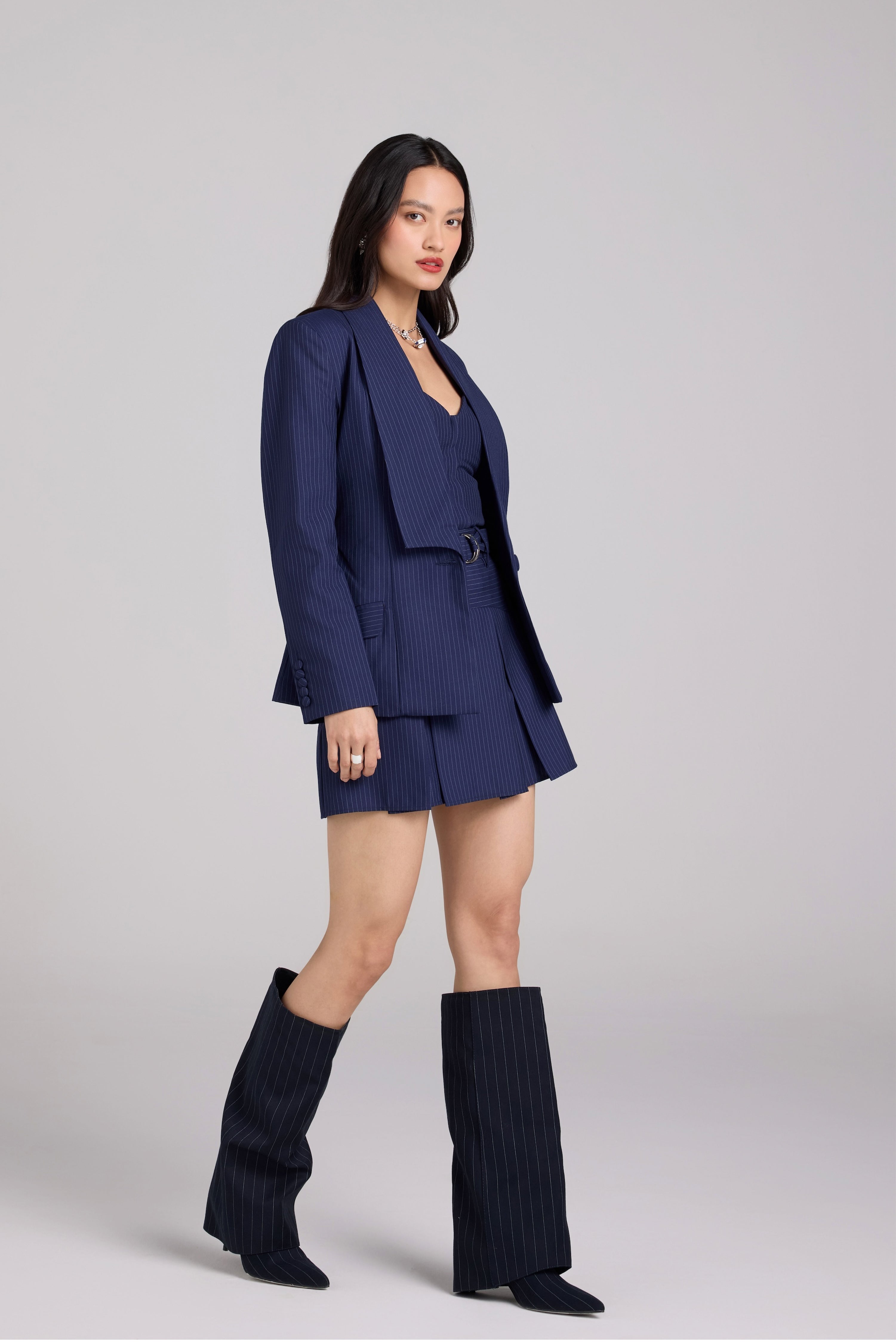 Indigo Pinstripe Skirt Suit